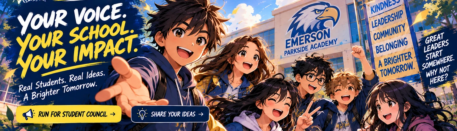 Colorful Japanese anime students welcoming classmates to join Emerson Student Council